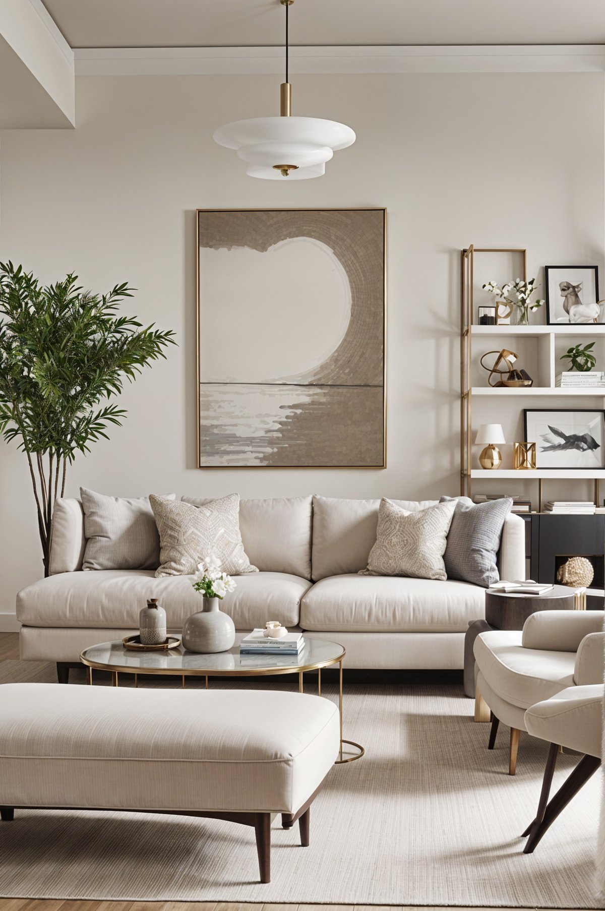 A contemporary living room with a large couch, coffee table, and painting on the wall.