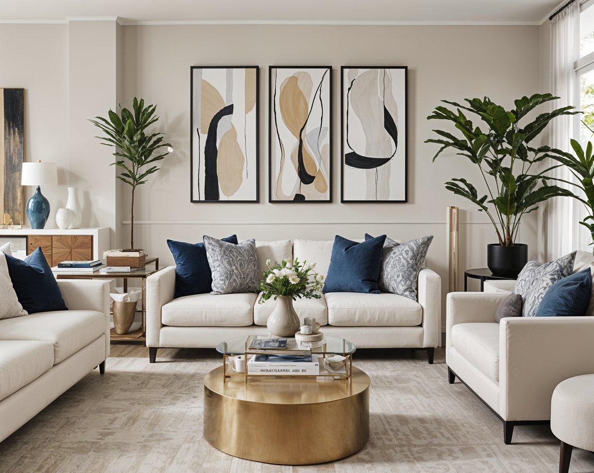 A contemporary living room with a large couch, a coffee table, and a few potted plants. The room is decorated with three paintings on the wall, and a vase of flowers on the coffee table.