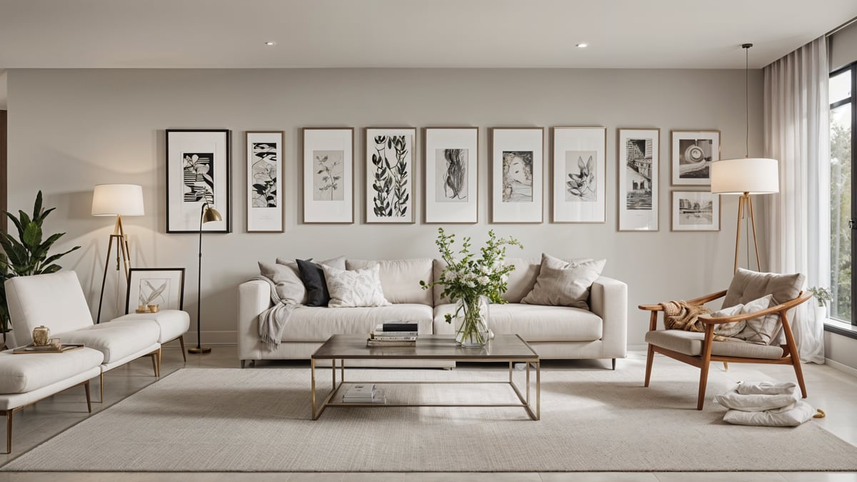 A white couch in a contemporary living room with a vase of flowers on the coffee table.