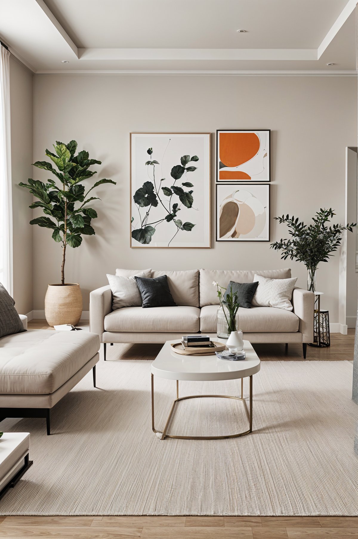 A living room with a white couch, coffee table, and artwork on the wall. The room is decorated with potted plants and vases.