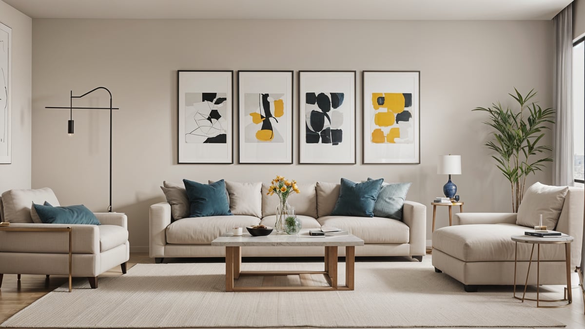 A living room with a white couch, a coffee table, and three pictures on the wall. The room is decorated with a rug and a vase of flowers on the table.