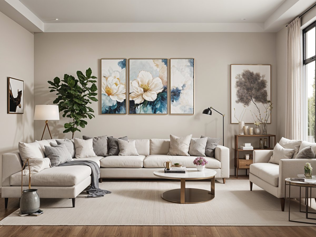 A contemporary living room with a large white couch, pillows, and a coffee table. The room is decorated with three paintings and a potted plant.