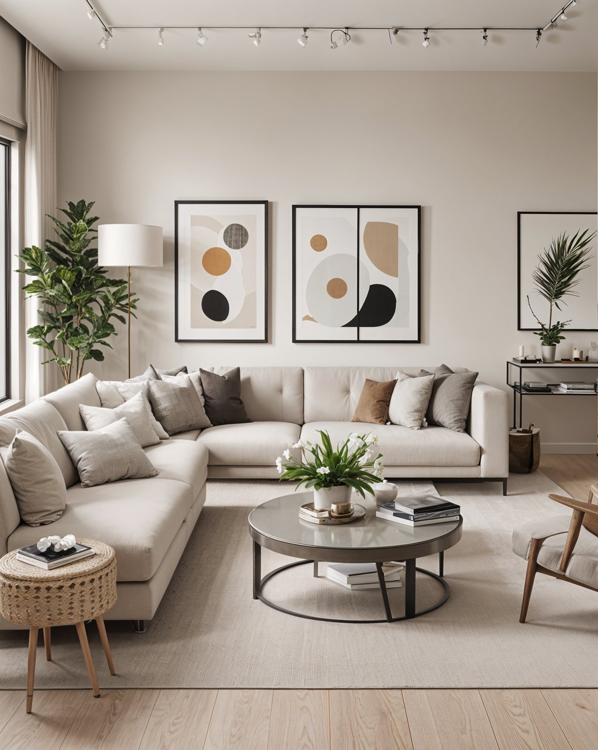 A contemporary living room with a white couch, coffee table, and artwork on the wall. The room is decorated with potted plants and vases, creating a cozy and inviting atmosphere.