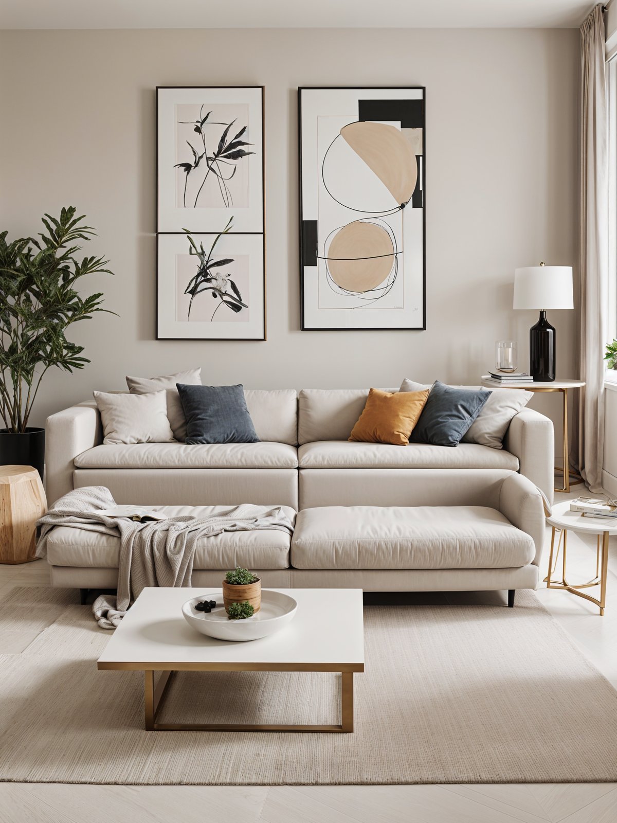 A contemporary living room with a white couch, coffee table, art pieces, and potted plants.