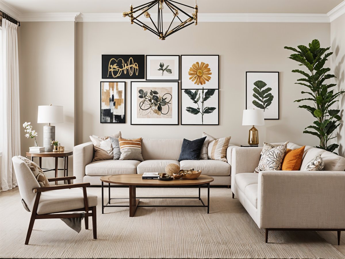 A contemporary living room with a beige couch, coffee table, and chandelier. The room is decorated with framed pictures on the wall.