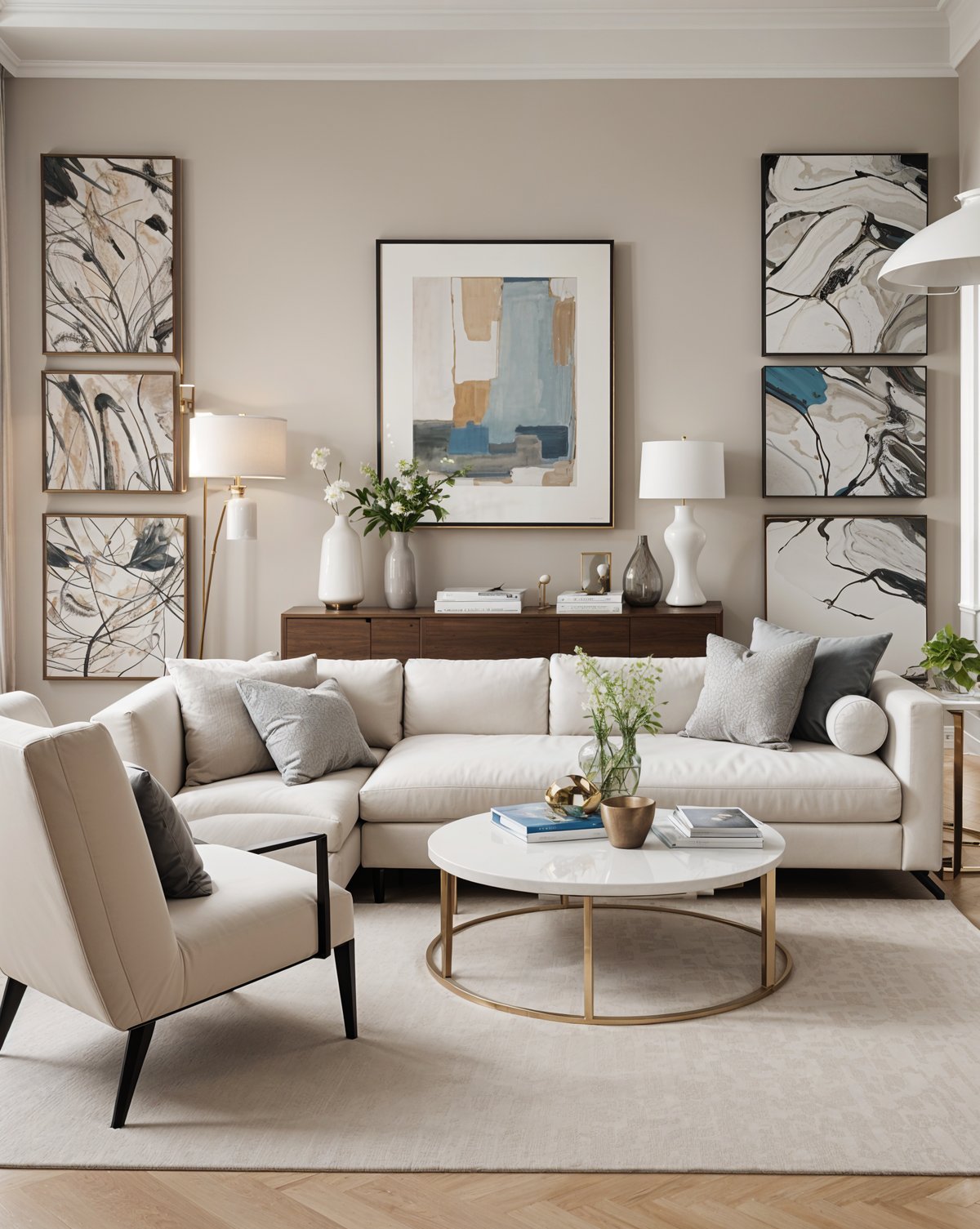 A contemporary living room with a white couch, chair, and coffee table. The room is decorated with art pieces and vases, creating a cozy and inviting atmosphere.