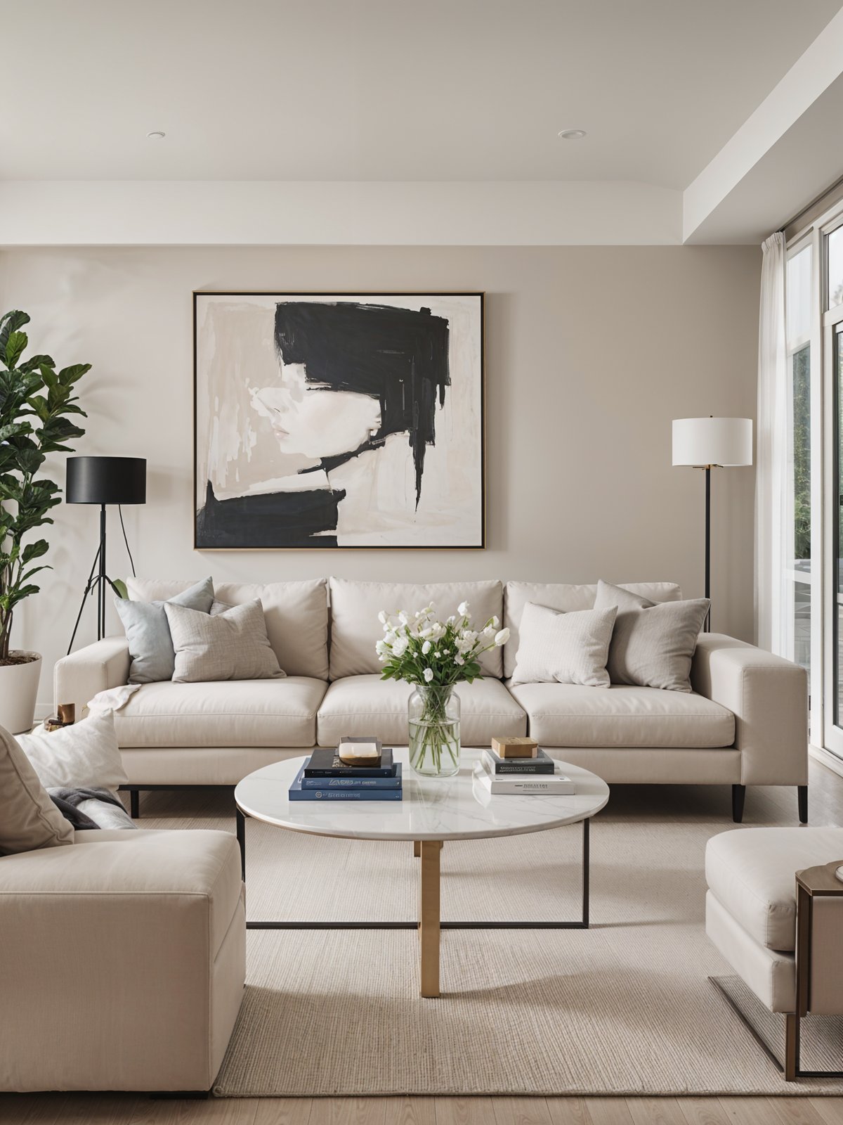 A living room with a large painting on the wall, a white couch with pillows, and a vase of flowers on a coffee table.