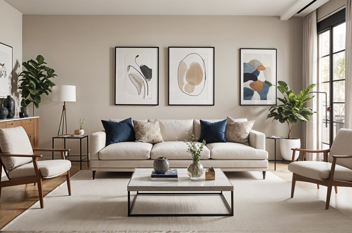 A living room with a white couch, a coffee table, and three pictures on the wall. The couch has blue pillows and a vase with flowers on the coffee table.