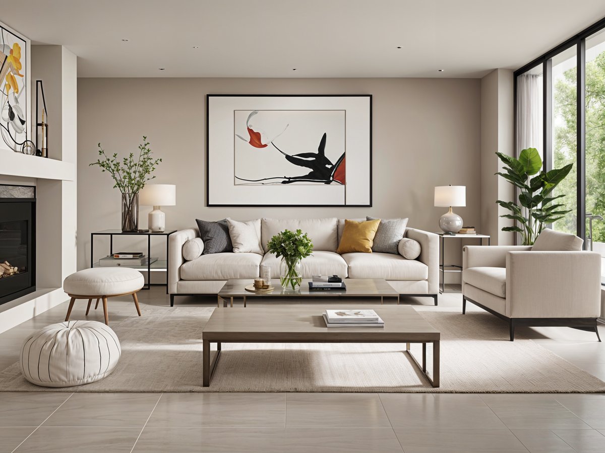 A living room with a white couch, a coffee table, and a painting on the wall. The room is well decorated with potted plants and vases.