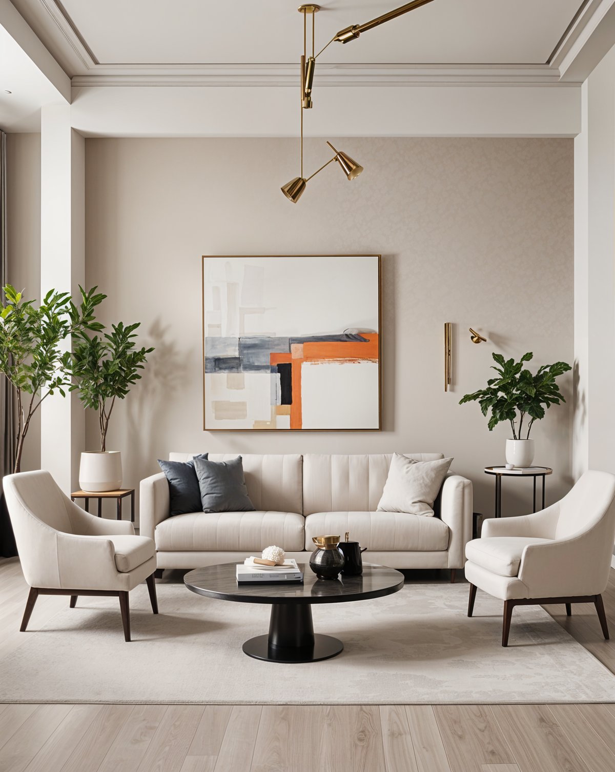 A contemporary living room with a white couch, chairs, and a coffee table. The room features a large painting on the wall and a few potted plants.