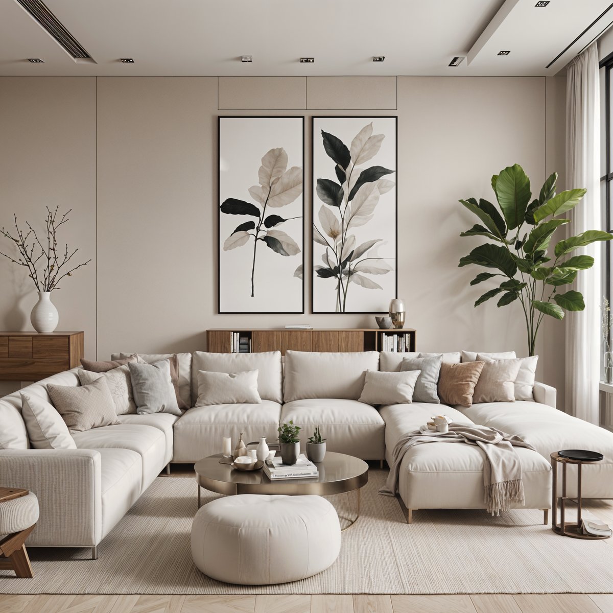 A large white couch with pillows and a coffee table in a contemporary living room.