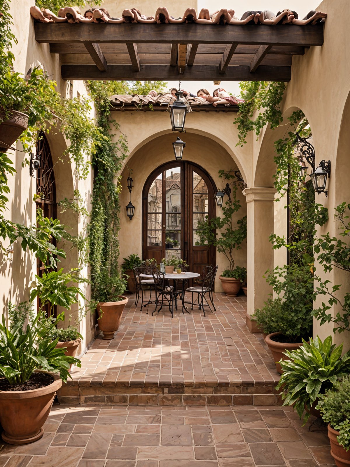 Spanish style house with a patio and a doorway. The patio has a table and chairs with potted plants surrounding the area. The doorway leads to a courtyard with a brick walkway and more potted plants.