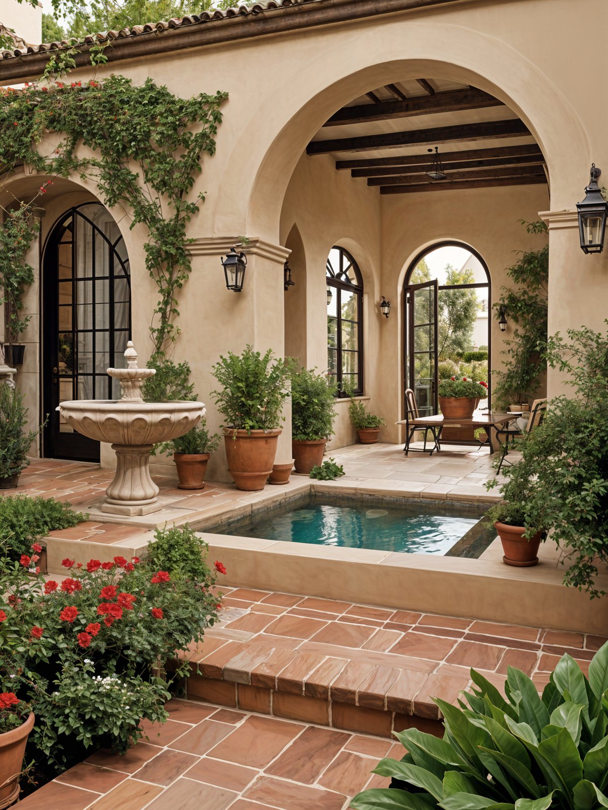 A Spanish style house exterior with a pool, fountain, and potted plants.