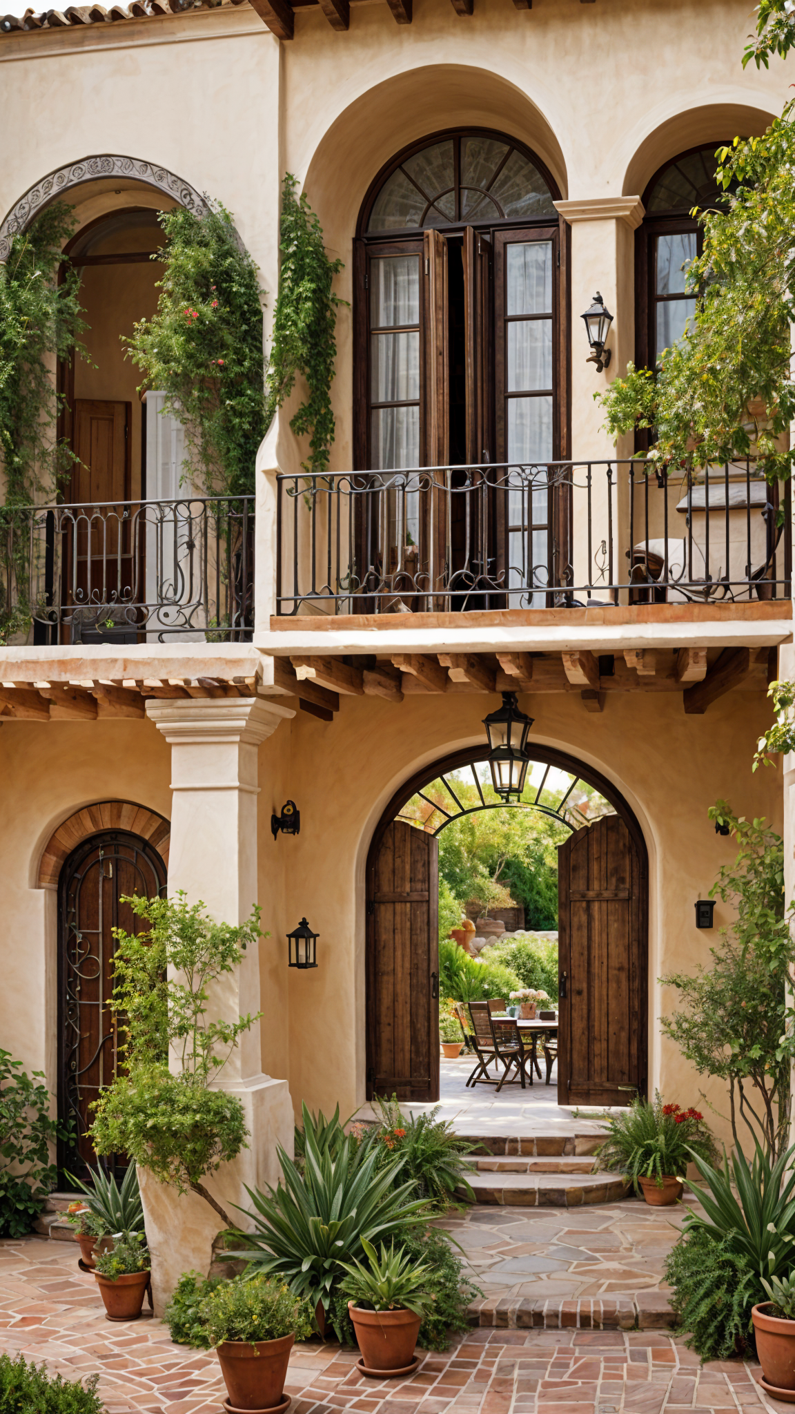 A Spanish style house with a large wooden door and a balcony. The door is open, revealing a patio with a dining table and chairs. The house is adorned with several potted plants.