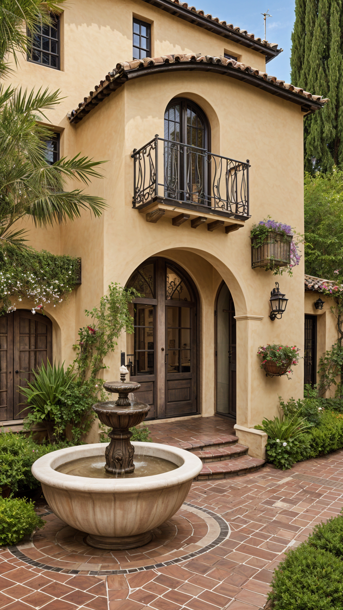 A Spanish style house with a fountain in the front yard. The house has a balcony on the second floor and a doorway with a large arch. The front yard is adorned with a variety of potted plants and flowers.