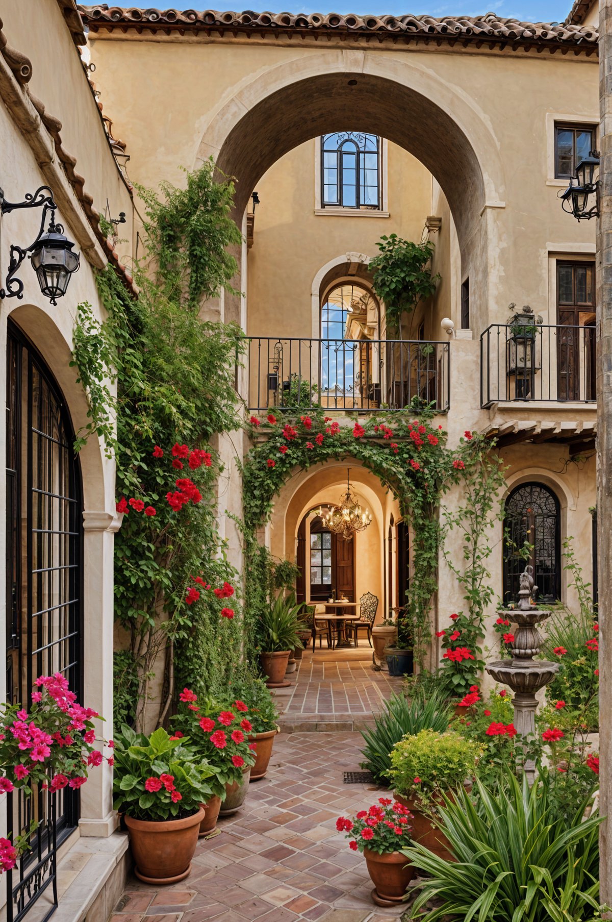 A Spanish style house with a red roof, a balcony, and a patio filled with potted plants, flowers, and vines.