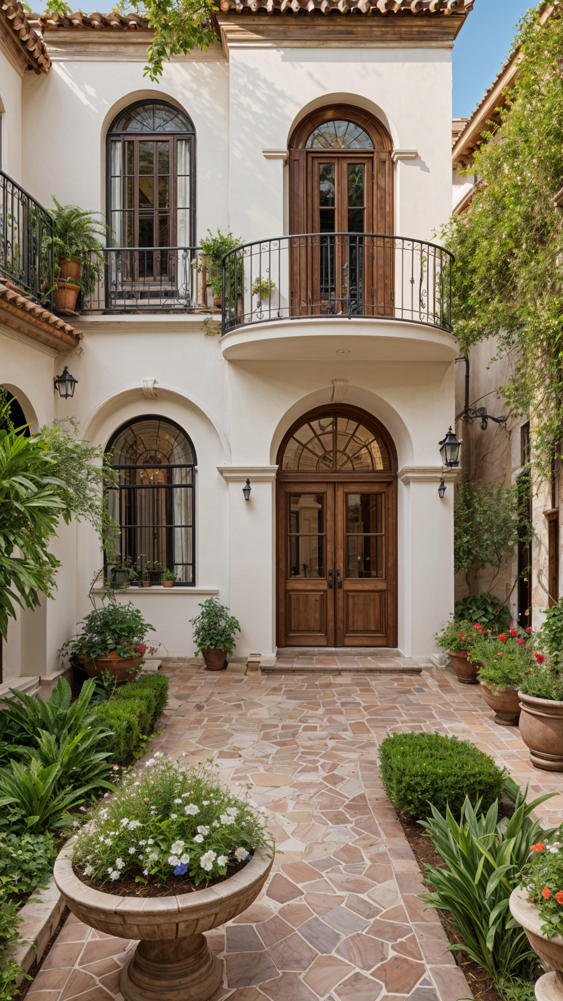 A white house with a large wooden door and a balcony above it. The house is surrounded by potted plants and flowers, creating a welcoming and lush atmosphere.