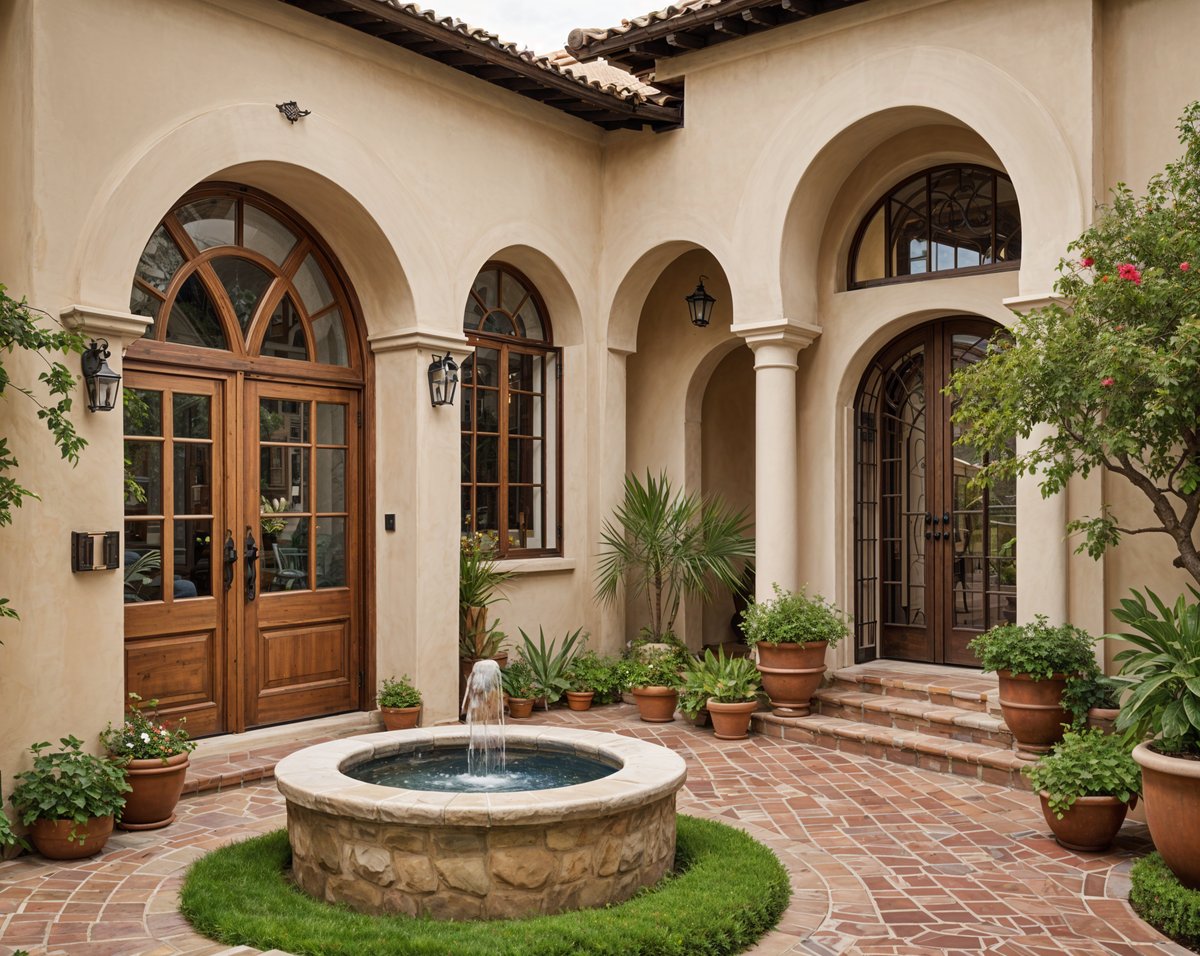 A Spanish style house with a fountain in the middle of the courtyard. The house has a large archway and is surrounded by potted plants and flowers.