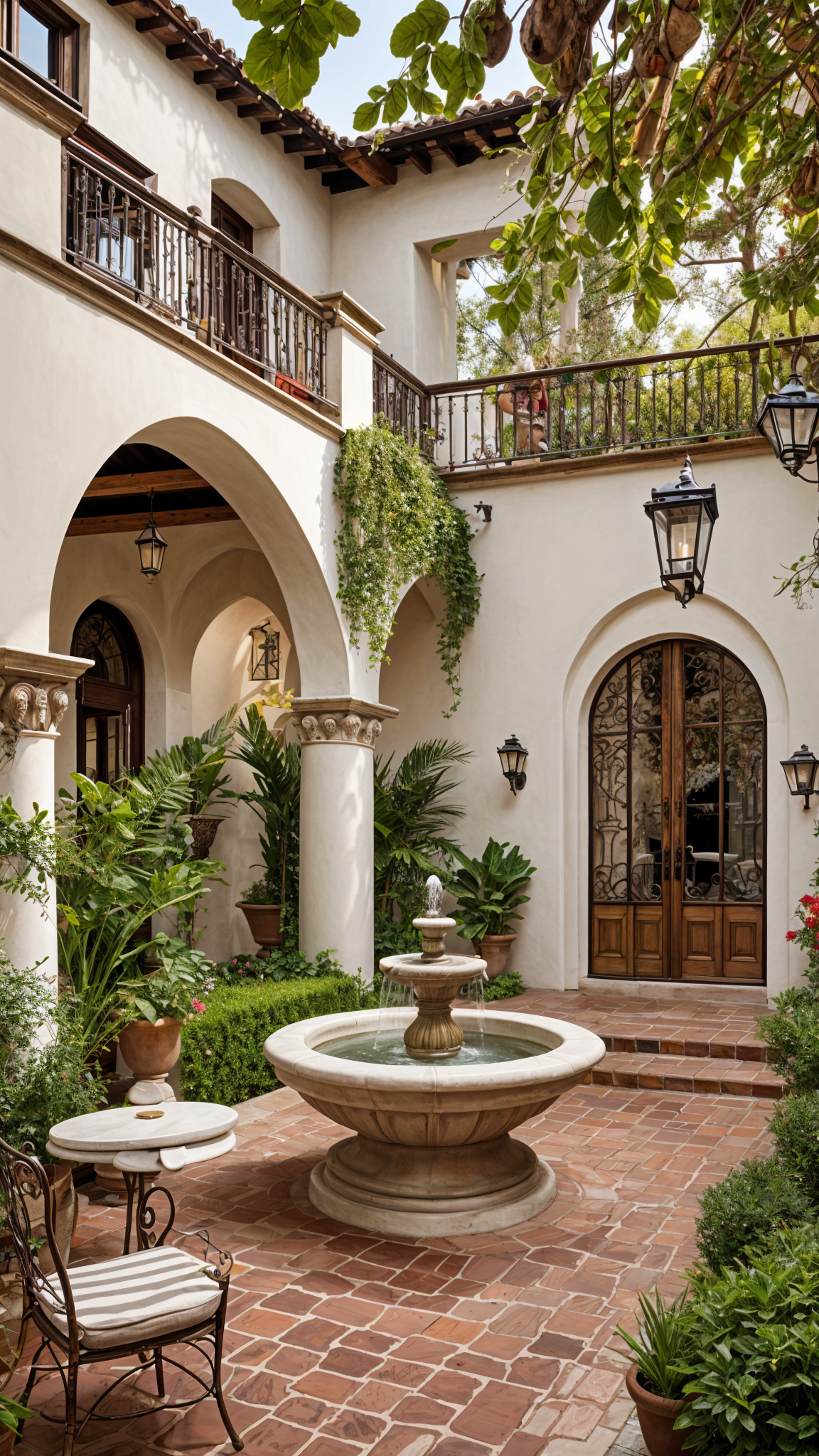 A Spanish style house with a fountain in the garden. The house has a white stucco exterior and a black iron gate. The garden is filled with greenery and potted plants.