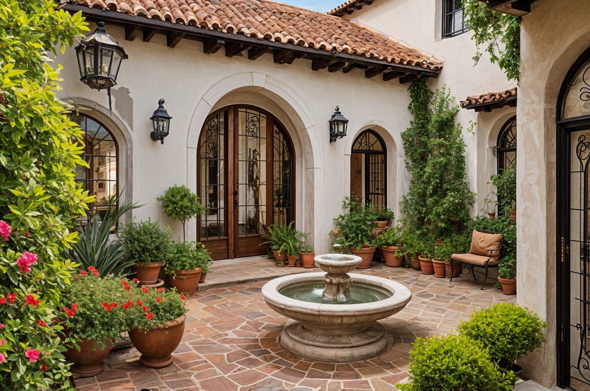 A Spanish style house with a fountain in the center of the courtyard, surrounded by potted plants and flowers.