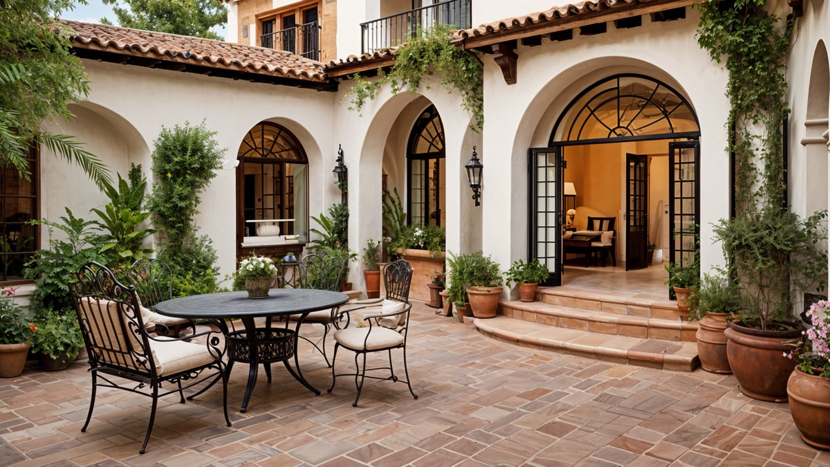 A patio with a black wrought iron table and chairs, potted plants, and vases in front of a white house with arched doorways and windows.