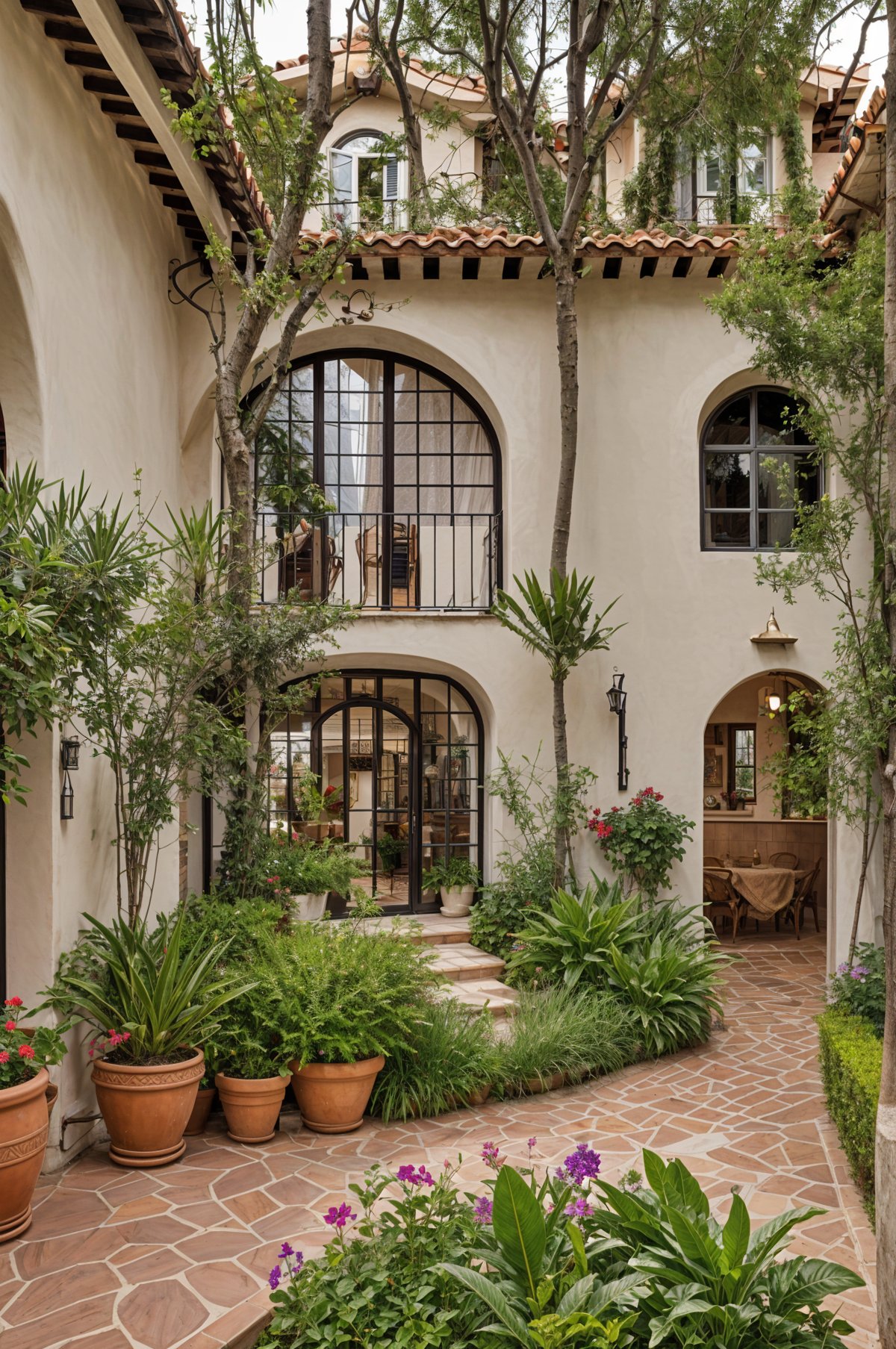 A house with a brick patio and many potted plants and flowers.