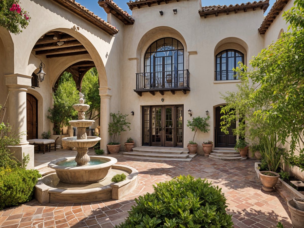 A Spanish style house with a fountain in the front yard. The house has a large window and a balcony on the second floor.