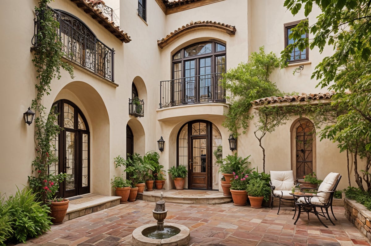 A Spanish style house with a fountain and potted plants in front of it.