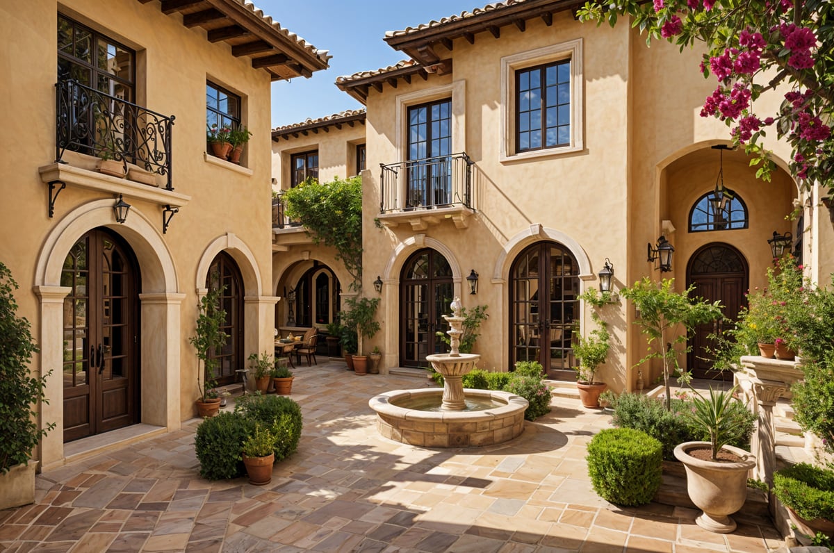 A Spanish style house with a courtyard in the middle, surrounded by potted plants and a fountain.