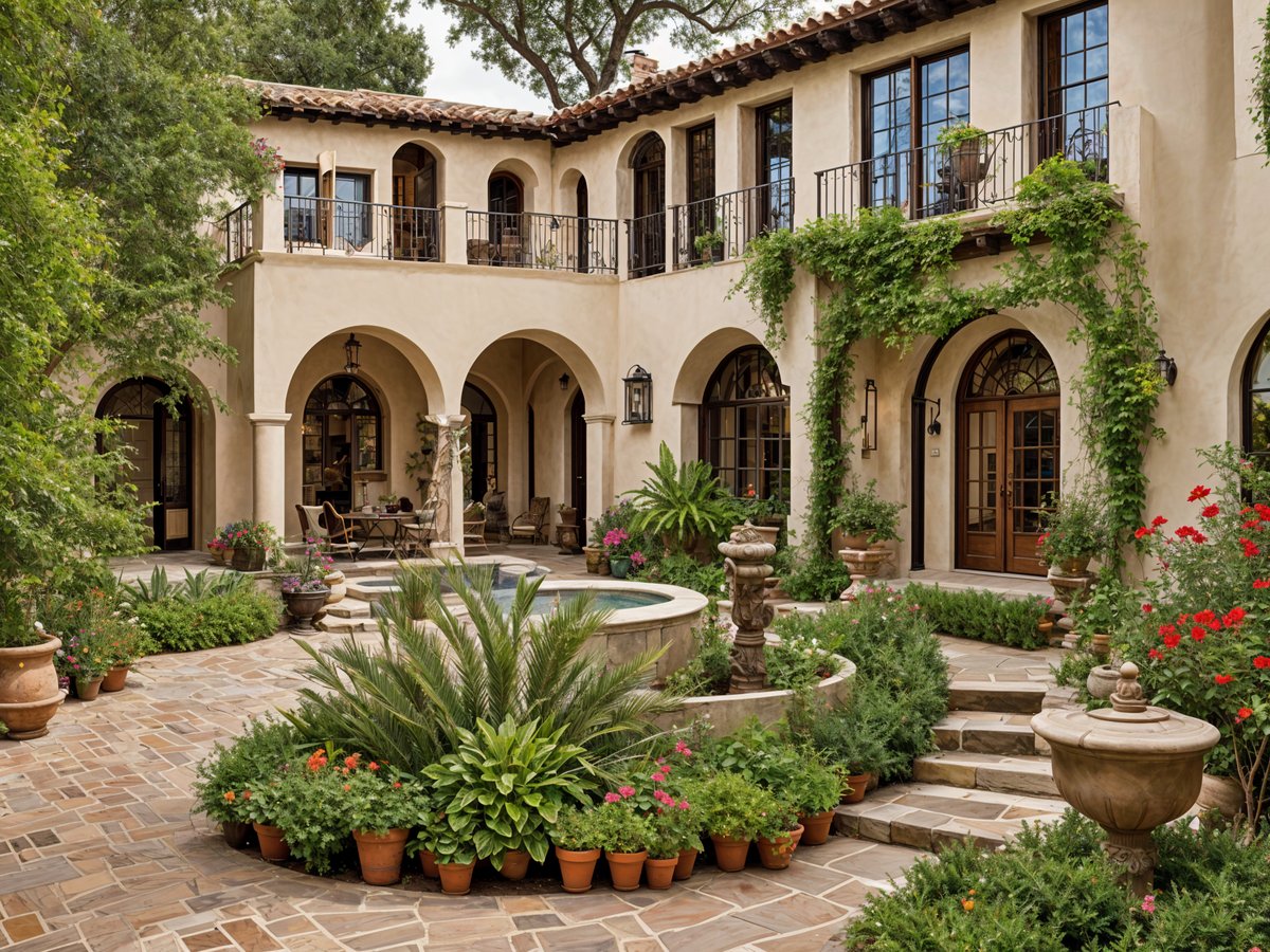 A Spanish style house with a large courtyard and garden, featuring a fountain in the center and a variety of potted plants and flowers.