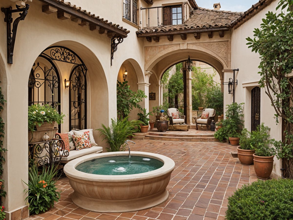 A house with a circular pool, fountain, and sitting area. The house has a Spanish style design with a white stucco exterior and a red tile roof.