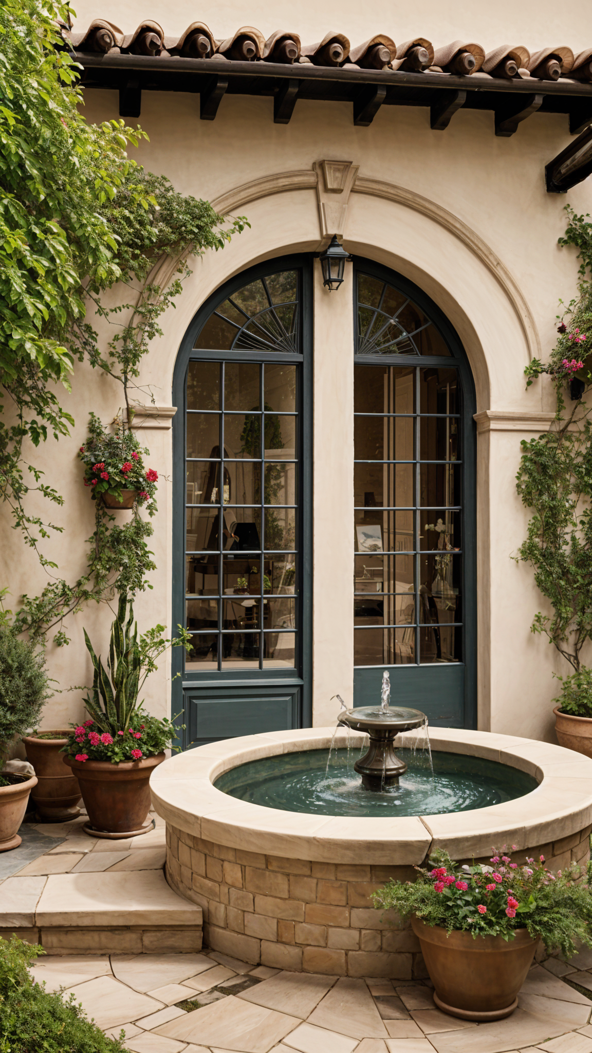 A house exterior with a fountain and potted plants in front of a doorway. The doorway is arched and features a window above it.