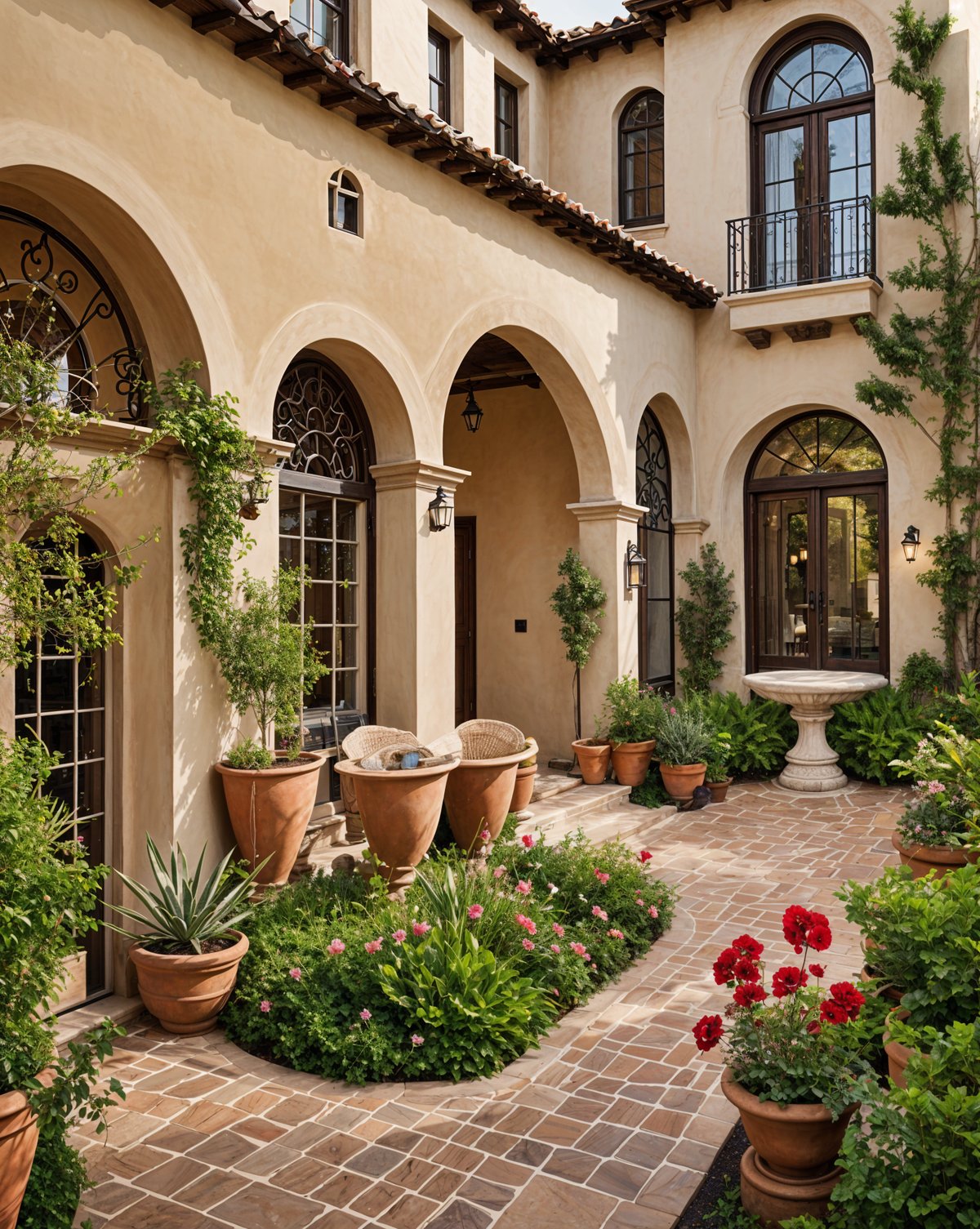 A house with a Spanish design style, featuring a courtyard with a fountain and a variety of potted plants. The house has a large patio with a staircase leading to the entrance, and a balcony on the second floor.