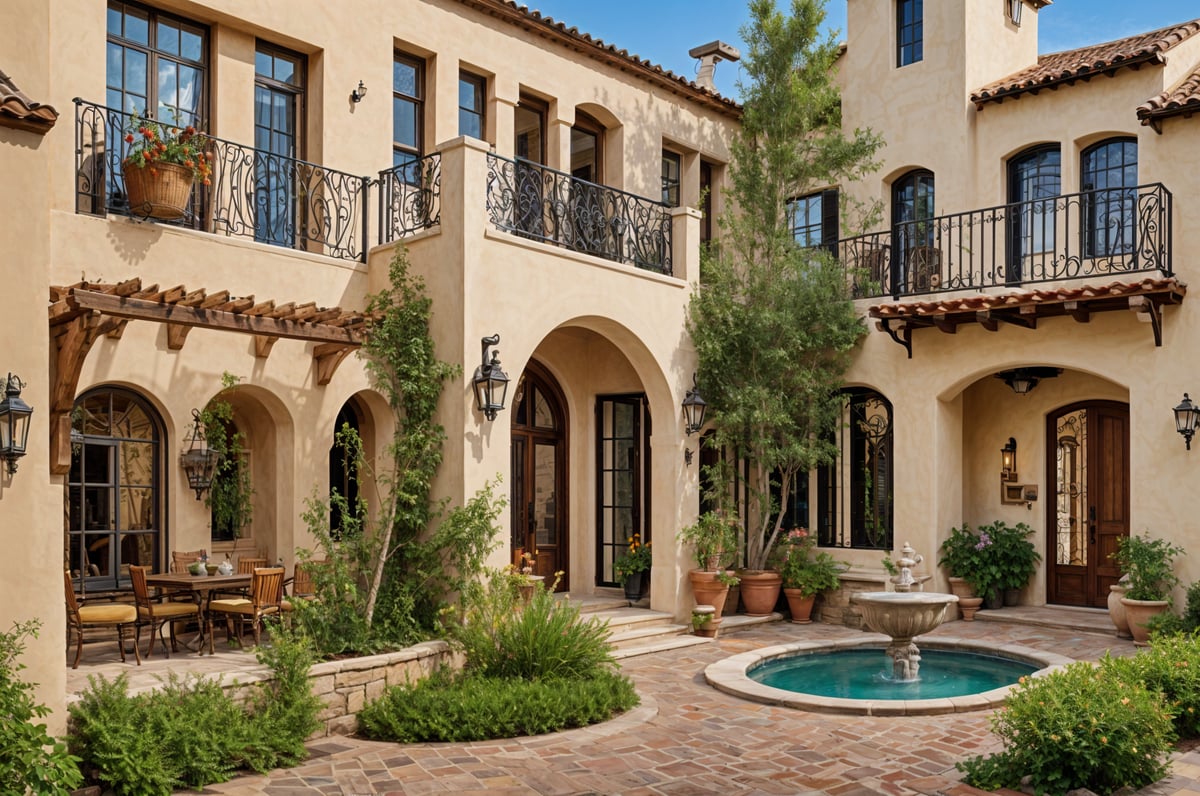 A Spanish style house with a fountain in the front yard.