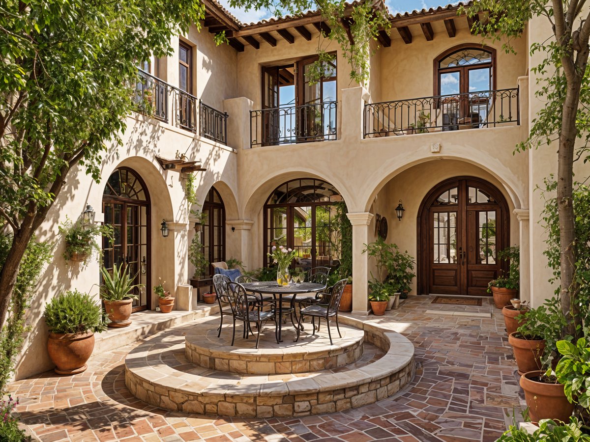 A Spanish style house with a round table and chairs on the patio