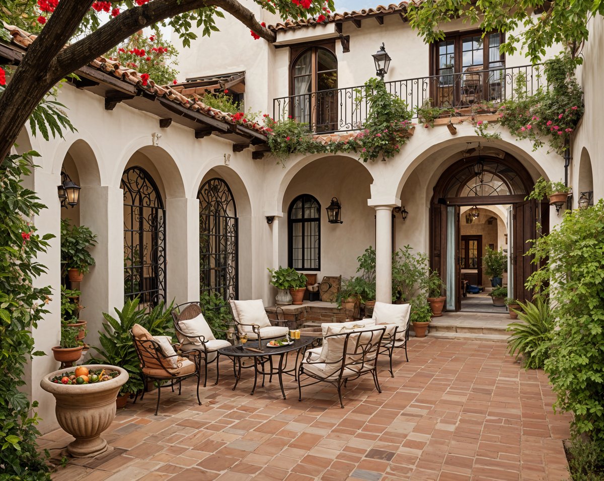 A beautiful Spanish style house with a patio set up featuring a table and chairs. The patio is surrounded by potted plants and flowers, creating a cozy and inviting atmosphere.