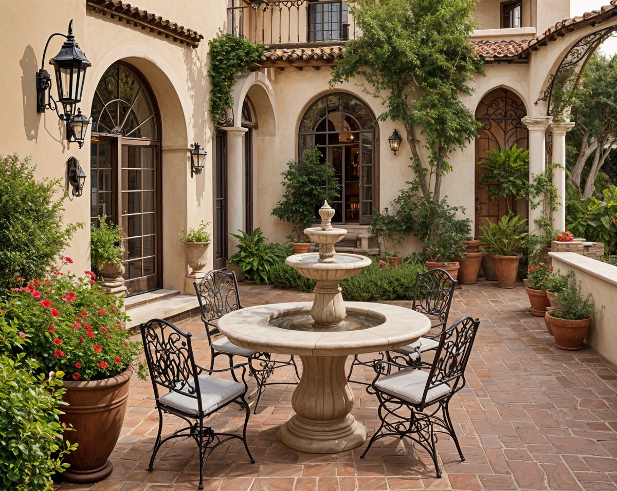 Outdoor patio with a fountain, chairs, and potted plants.