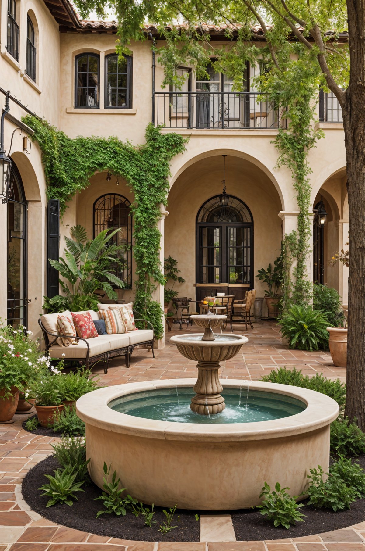 A Spanish style house with a fountain in the middle of a courtyard. The house is surrounded by plants and flowers, creating a serene and inviting atmosphere.