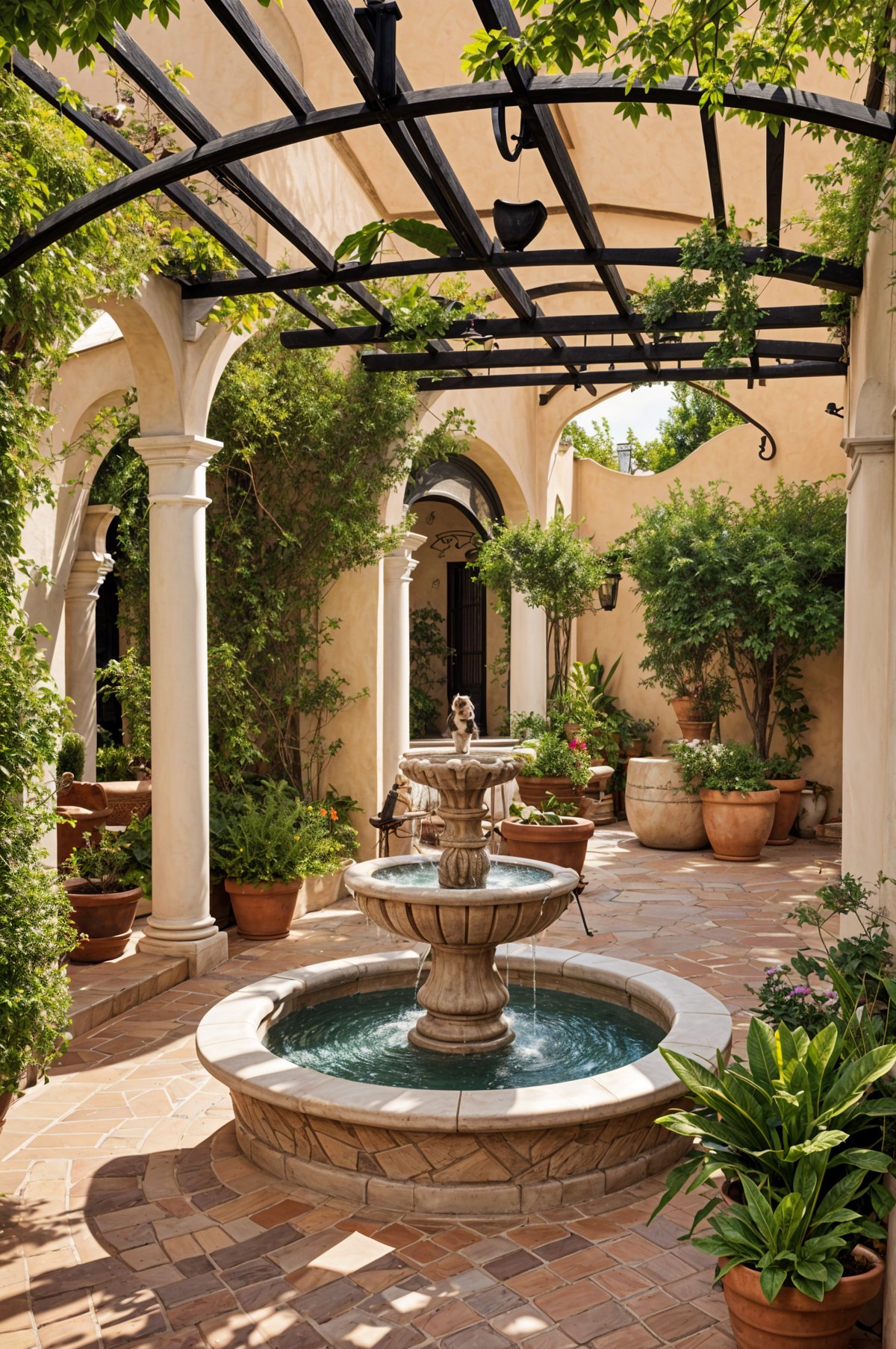 A garden with a fountain in the middle. The fountain is surrounded by potted plants and flowers.