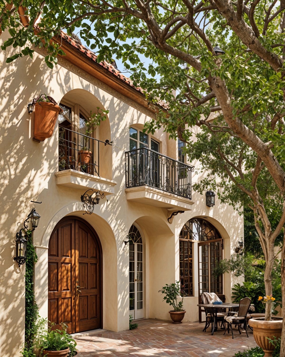 A white house with a red roof and a balcony. The house has a Spanish style design and is surrounded by greenery.