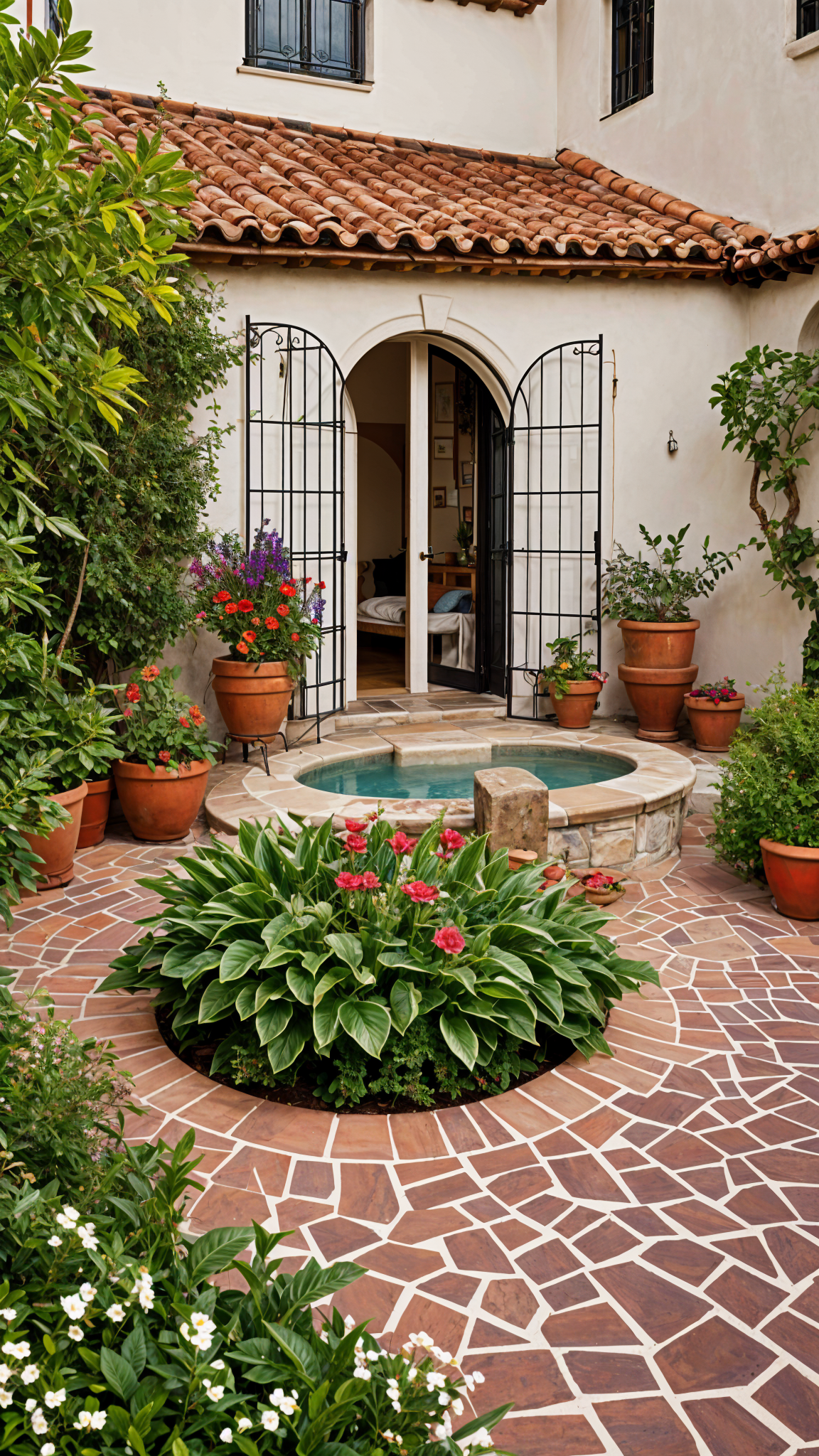 A beautifully designed outdoor space with a fountain, potted plants, and a doorway. The area is surrounded by a variety of potted plants, including a large plant in the center of the space. The doorway is adorned with a vine-covered archway, adding a touch of elegance to the scene.