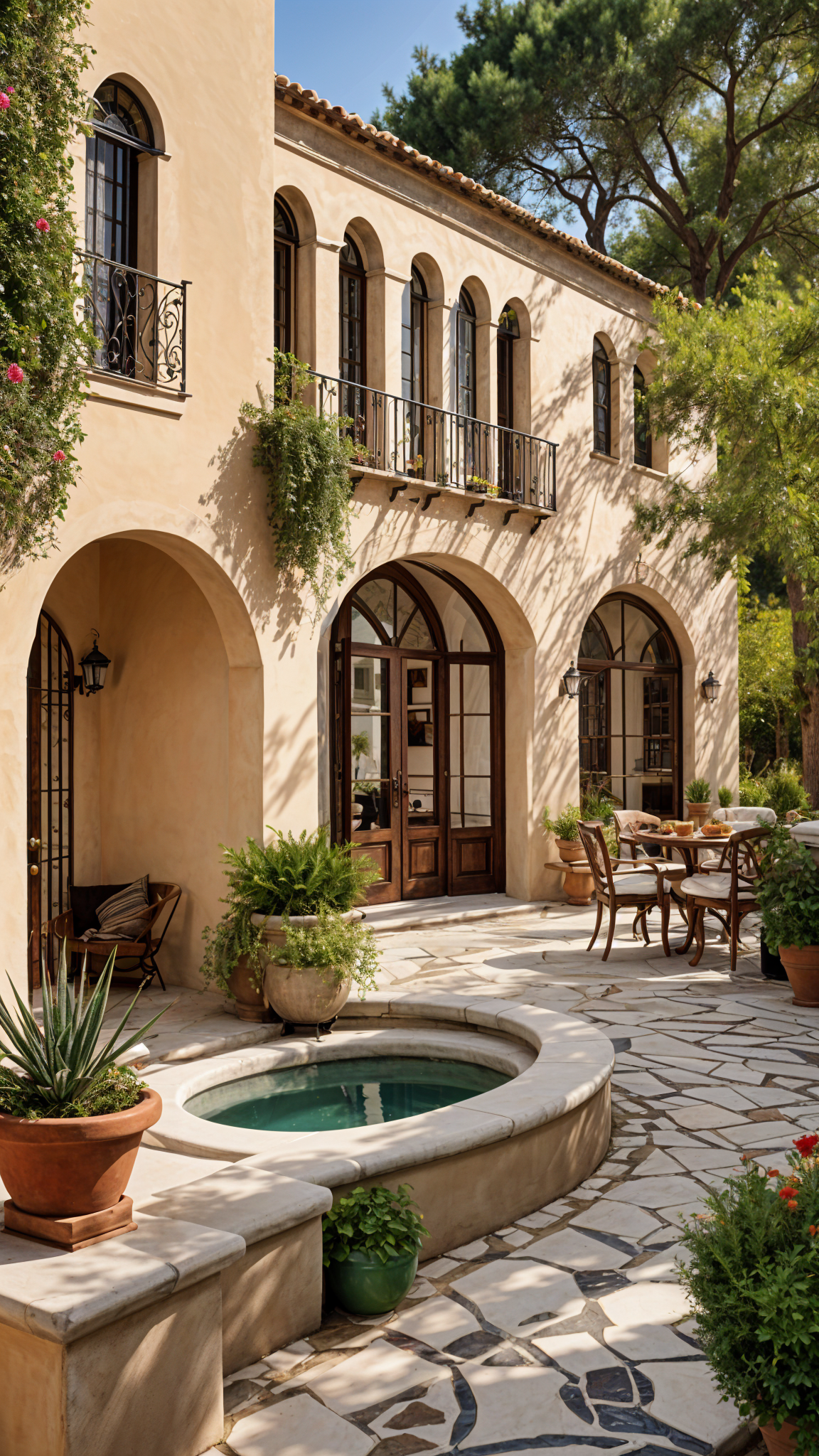 A Spanish style house with a courtyard and a fountain, surrounded by potted plants and chairs.