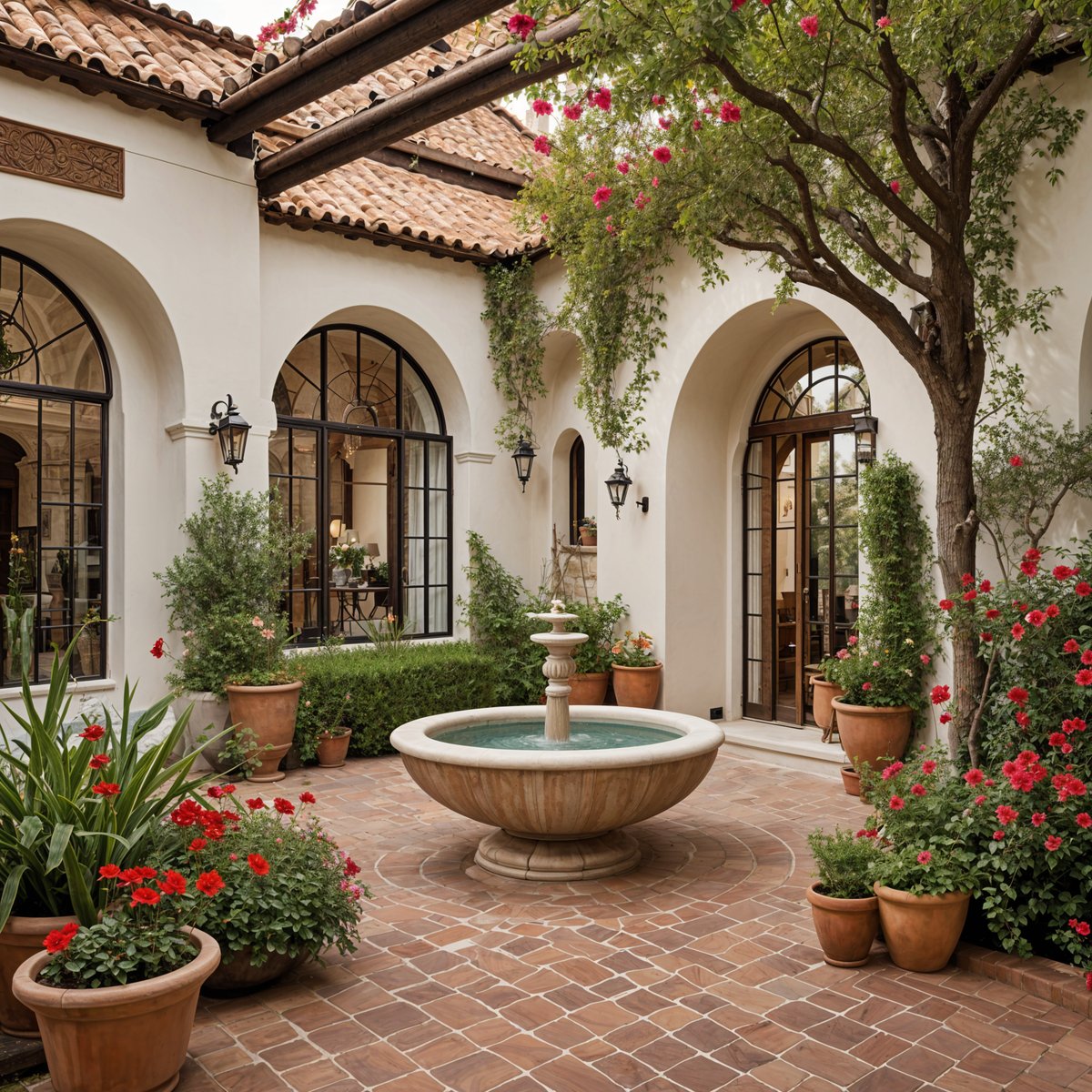 A garden courtyard with a fountain in the center, surrounded by a white building with arched doorways and windows.