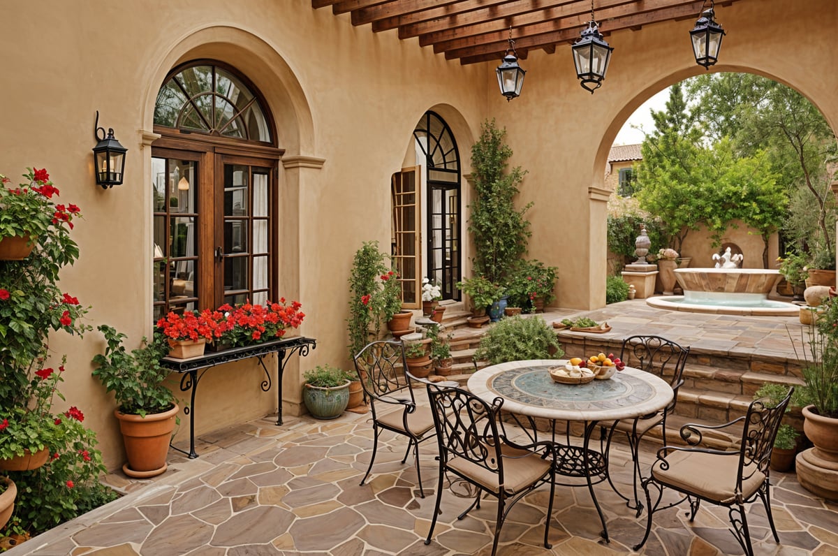 A backyard patio with a round table and chairs, surrounded by potted plants and flowers.