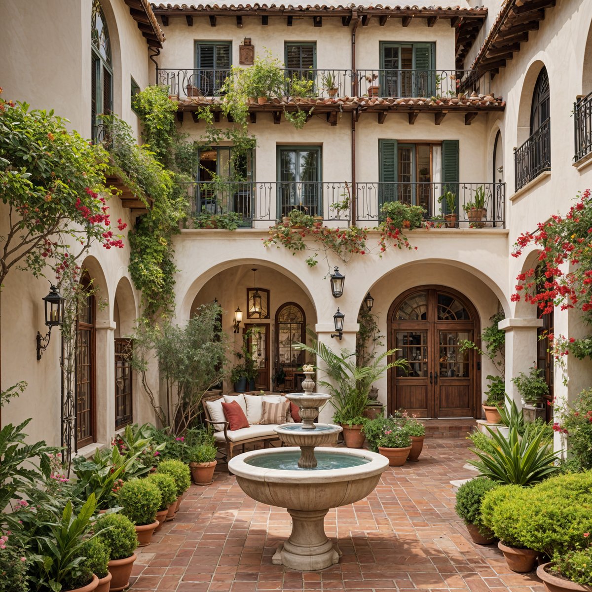 A Spanish style house with a fountain in the center, surrounded by potted plants and flowers. The house has a large balcony with a wrought iron railing.