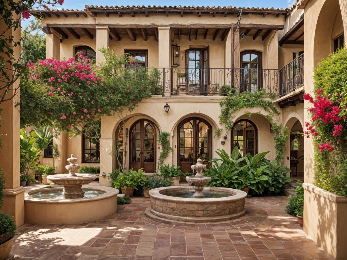 A Spanish style house with a large courtyard and a fountain. The house is surrounded by plants and flowers, creating a serene and picturesque atmosphere.