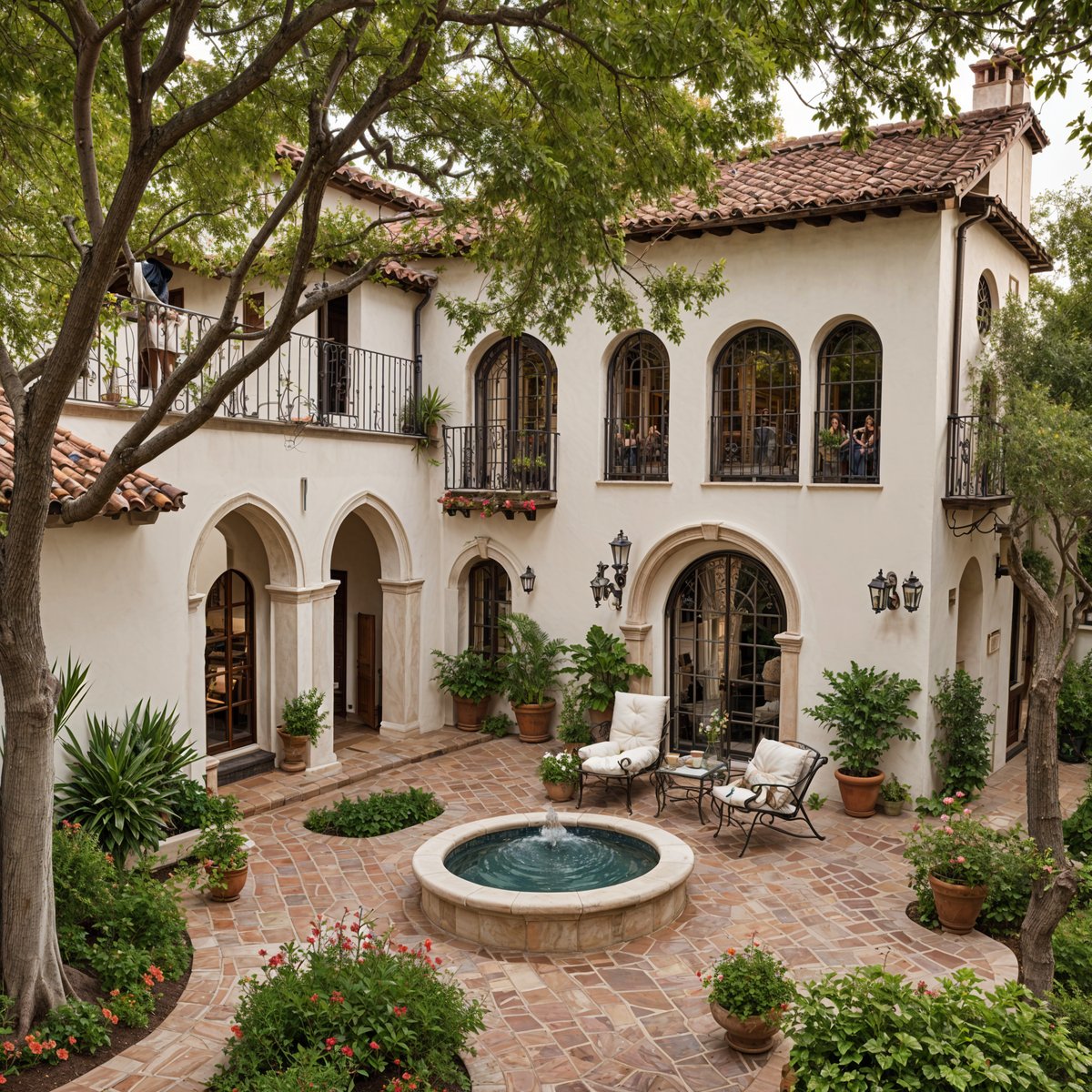 A Spanish style house with a fountain in the courtyard