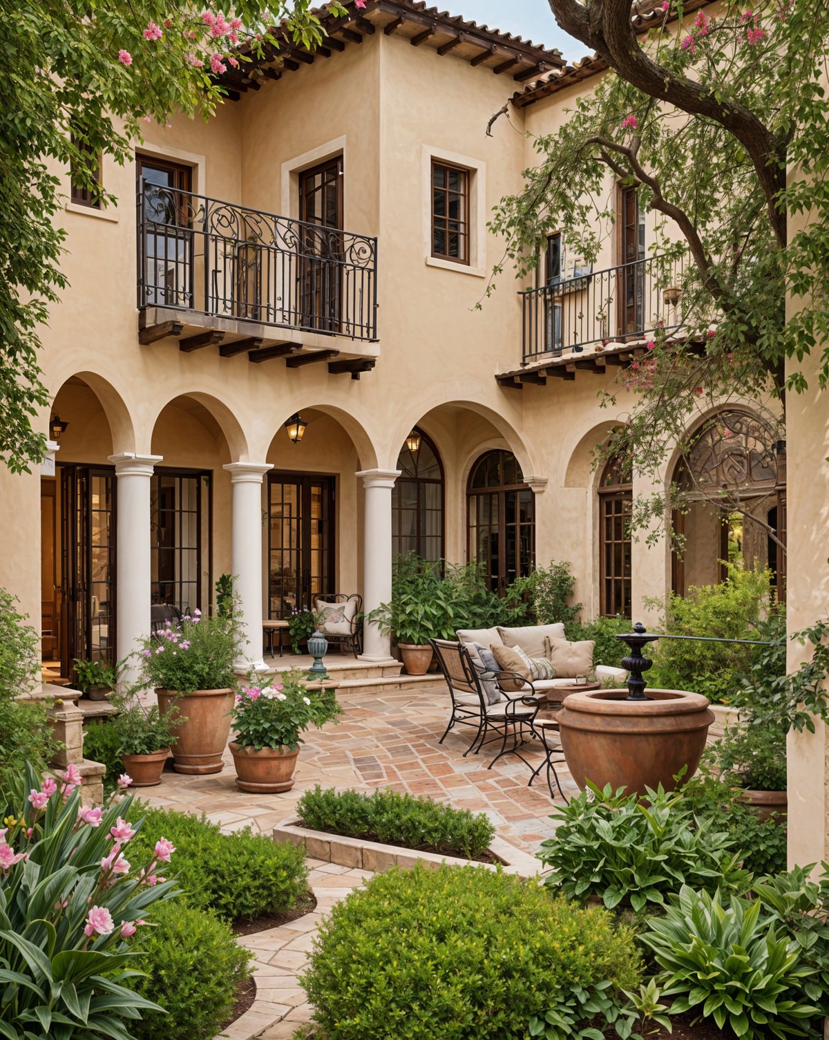 A Spanish style home with a lush garden and patio. The patio is adorned with a fountain and features a variety of potted plants and chairs.