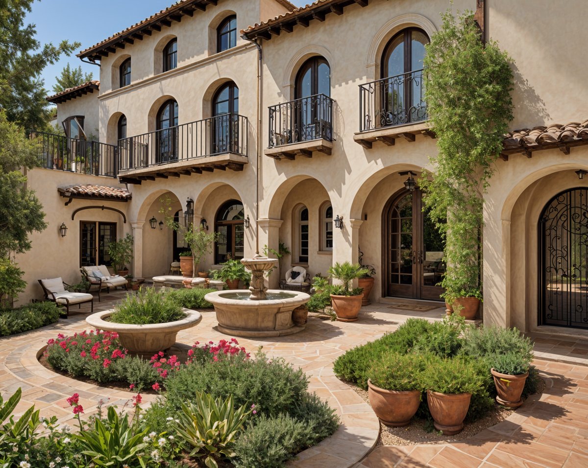 A Spanish-style house with a lush garden and a fountain in the center. The house is surrounded by many potted plants and greenery.