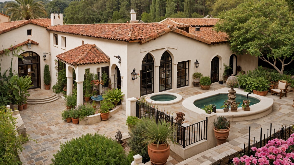 A Spanish style house with a pool in the backyard. The house is surrounded by many potted plants and flowers.